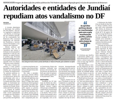 Autoridades e entidades de Jundiaí repudiam atos vandalismo no DF