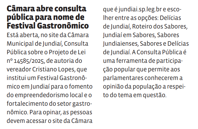 Câmara abre consulta pública para nome de Festival Gastronômico