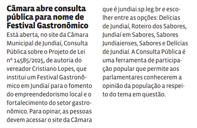Câmara abre consulta pública para nome de Festival Gastronômico