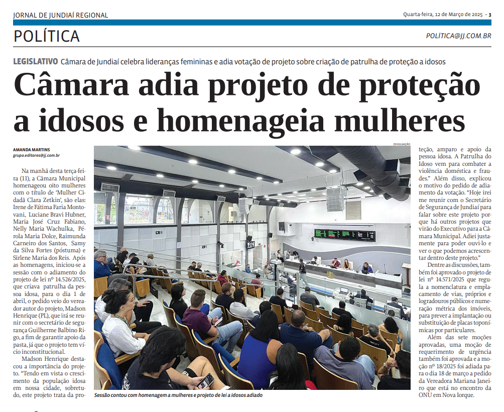 Câmara adia projeto de proteção a idosos e homenageia mulheres