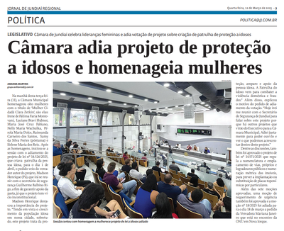 Câmara adia projeto de proteção a idosos e homenageia mulheres