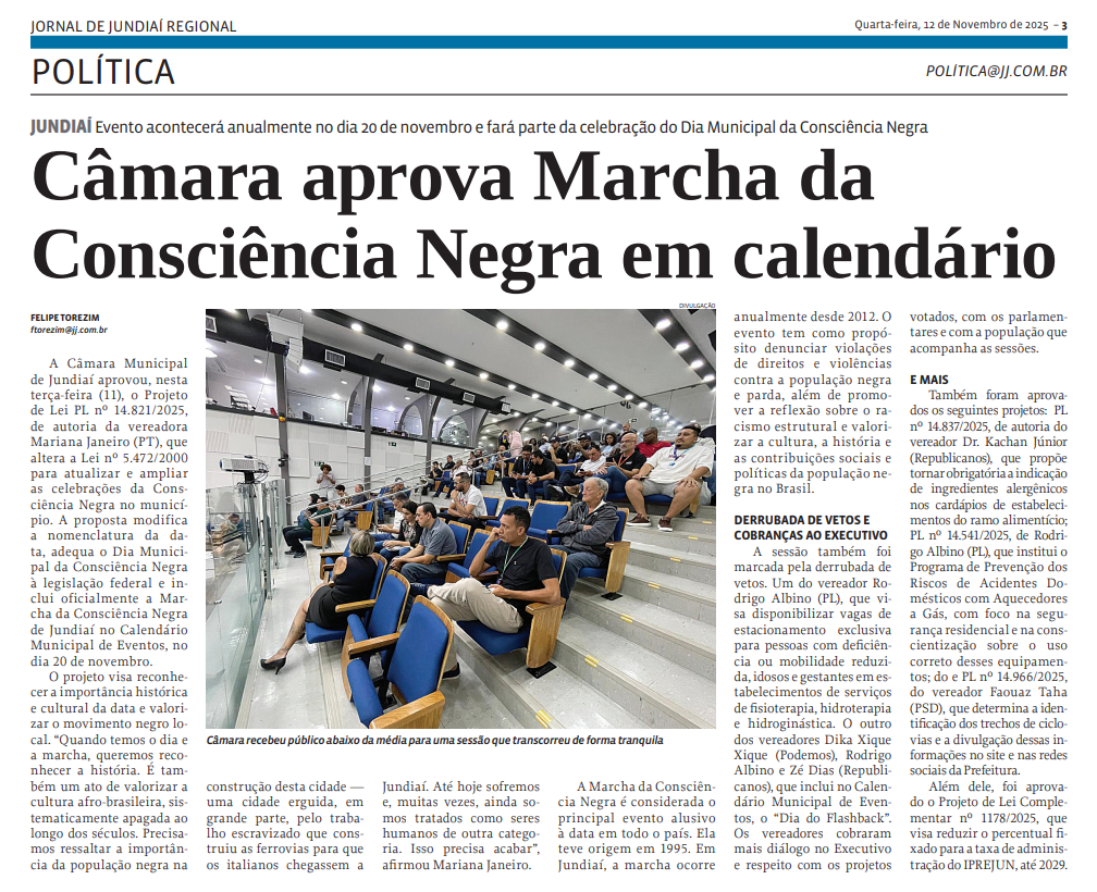 Câmara aprova Marcha da Consciência Negra em calendário