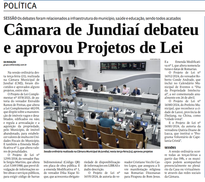 Câmara de Jundiaí debateu e aprovou Projetos de Lei