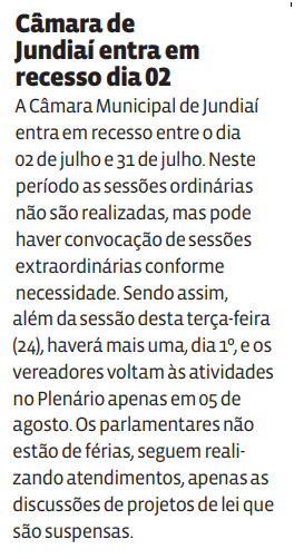 Câmara de Jundiaí entra em recesso dia 02