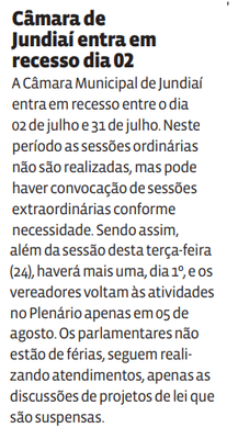 Câmara de Jundiaí entra em recesso dia 02