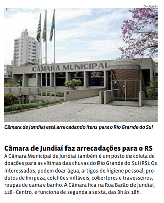 Câmara de Jundiaí faz arrecadações para o RS