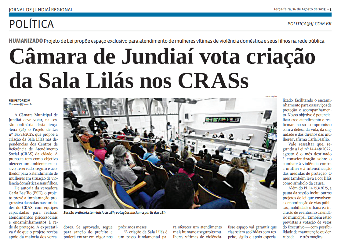 Câmara de Jundiaí vota criação da Sala Lilás nos CRASs