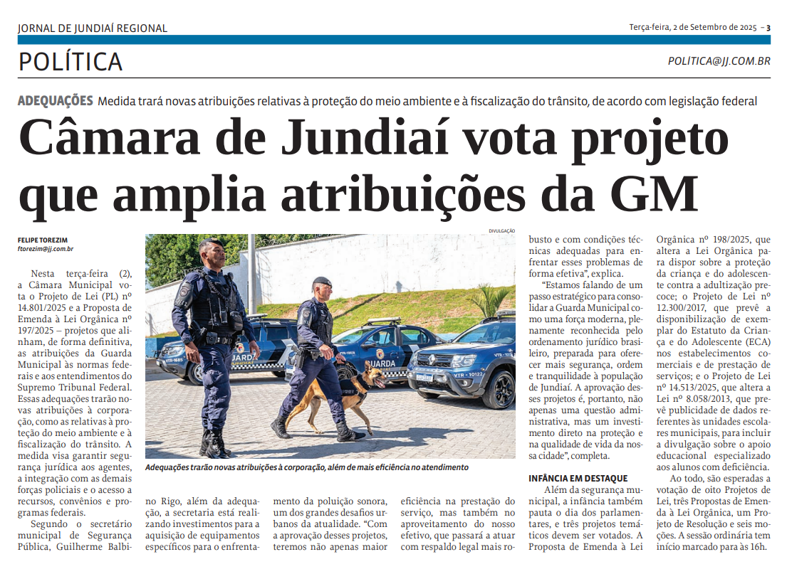 Câmara de Jundiaí vota projeto que amplia atribuições da GM