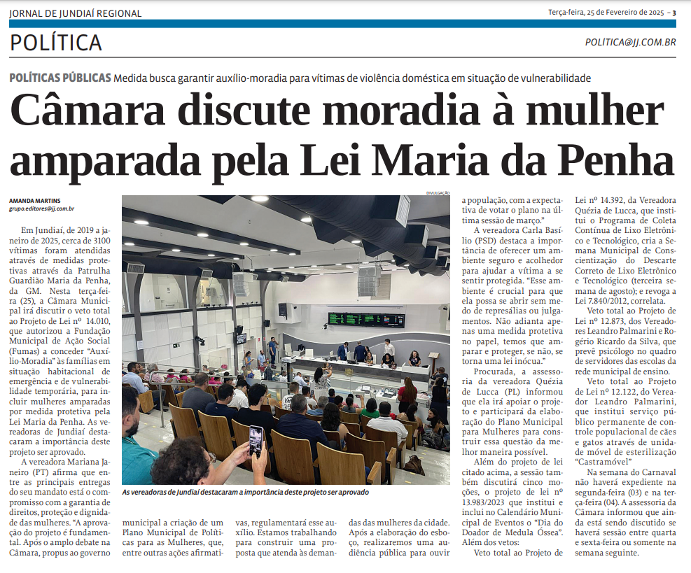 Câmara discute moradia à mulher amparada pela Lei Maria da Penha