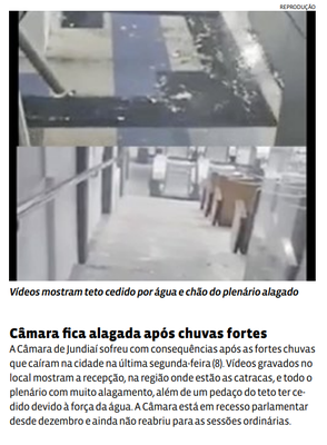 Câmara fica alagada após chuvas fortes