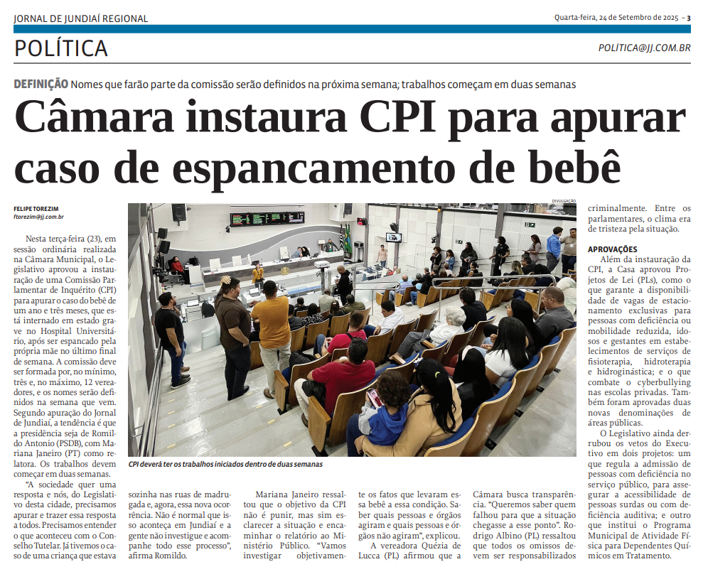 Câmara instaura CPI para apurar caso de espancamento de bebê