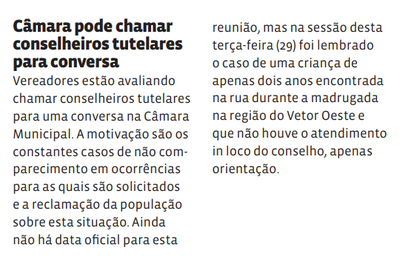 Câmara pode chamar conselheiros tutelares para conversa