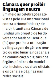 Câmara quer proibir linguagem neutra