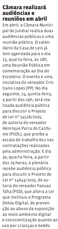 Câmara realizará audiências e reuniões em abril