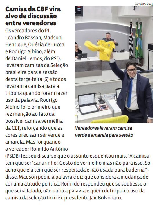 Camisa da CBF vira alvo de discussão entre vereadores