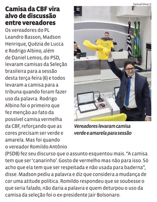 Camisa da CBF vira alvo de discussão entre vereadores