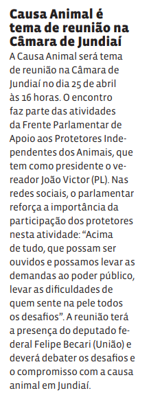 Causa Animal é tema de reunião na Câmara de Jundiaí