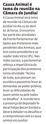 Causa Animal é tema de reunião na Câmara de Jundiaí