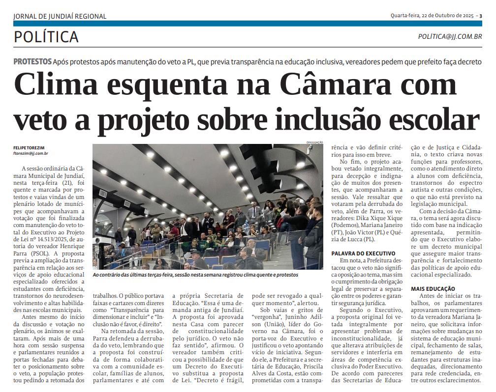 Clima esquenta na Câmara com veto a projeto sobre inclusão escolar