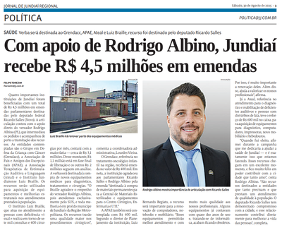 Com apoio de Rodrigo Albino, Jundiaí recebe R$ 4,5 milhões em emendas