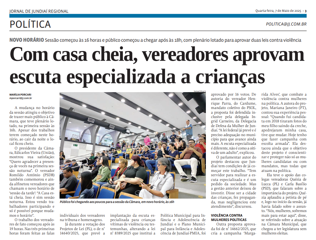 Com casa cheia, vereadores aprovam escuta especializada a crianças