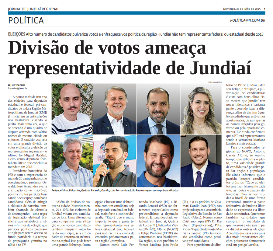 Divisão de votos ameaça representatividade de Jundiaí