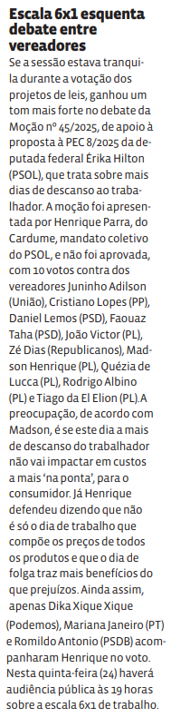 Escala 6x1 esquenta debate entre vereadores