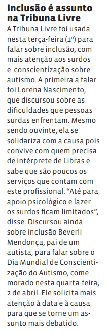 Inclusão é assunto na Tribuna Livre
