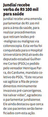 Jundiaí recebe verba de R$ 100 mil para saúde