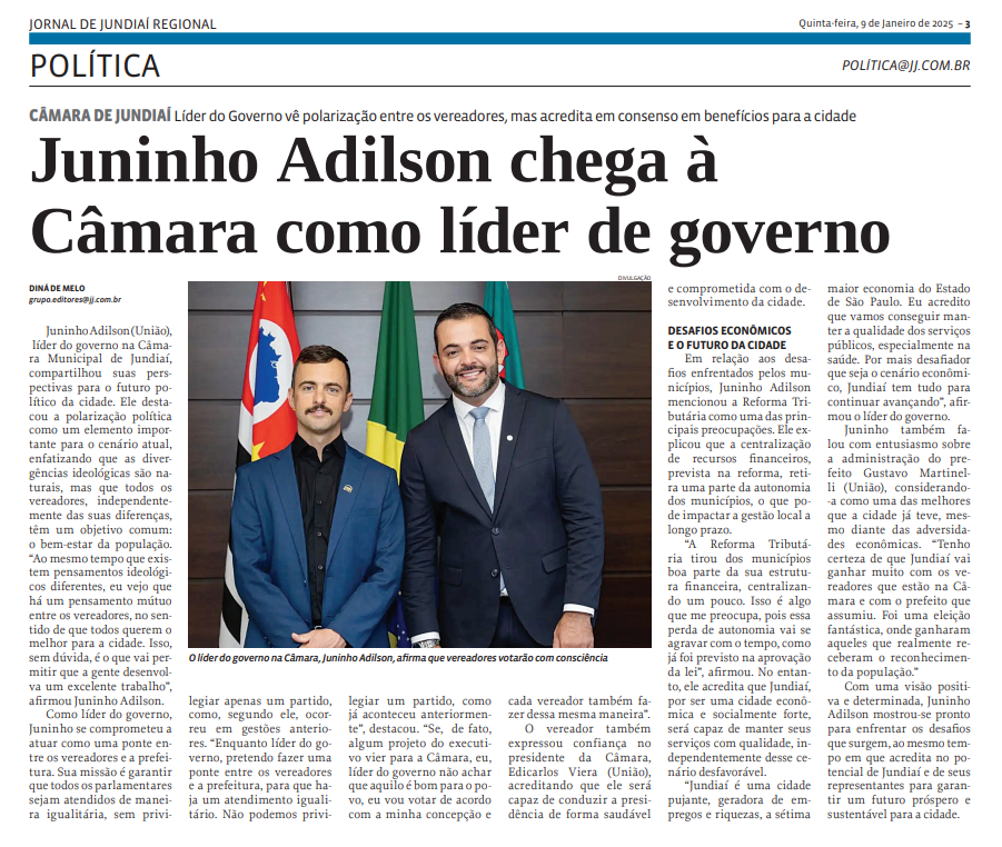 Juninho Adilson chega à Câmara como líder de governo
