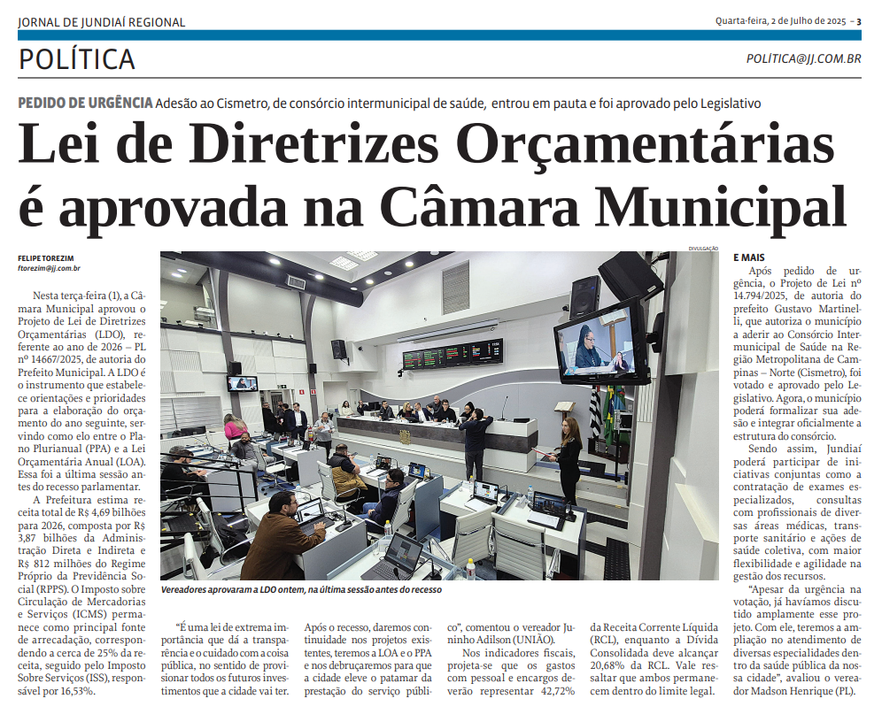 Lei de Diretrizes Orçamentárias é aprovada na Câmara Municipal