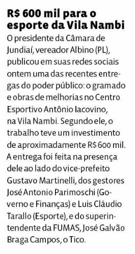 R$ 600 mil para o  esporte da Vila Nambi