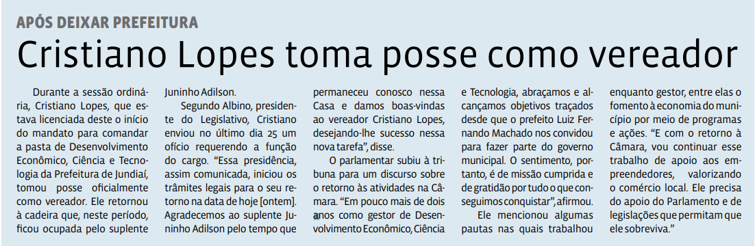 Cristiano Lopes toma posse como vereador