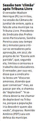 Sessão tem ‘climão’ após Tribuna Livre