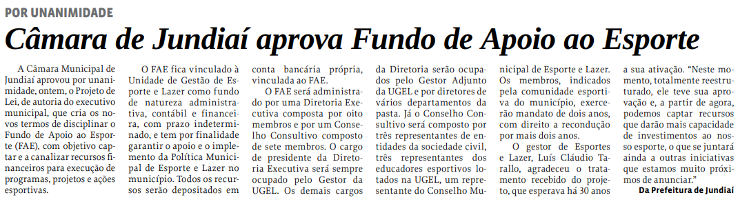 Câmara de Jundiaí aprova Fundo de Apoio ao Esporte