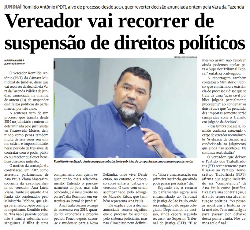 Vereador vai recorrer de suspensão de direitos políticos