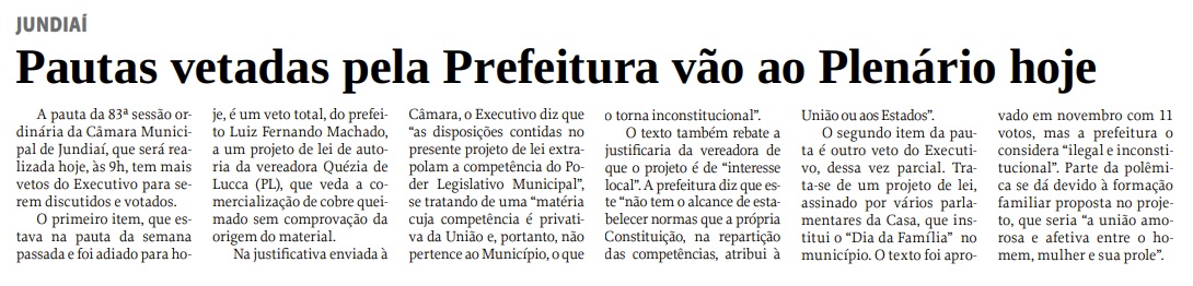 Pautas vetadas pela Prefeitura vão ao Plenário hoje