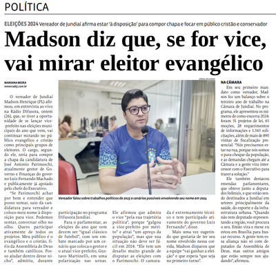 Madson diz que, se for vice,  vai mirar eleitor evangélico