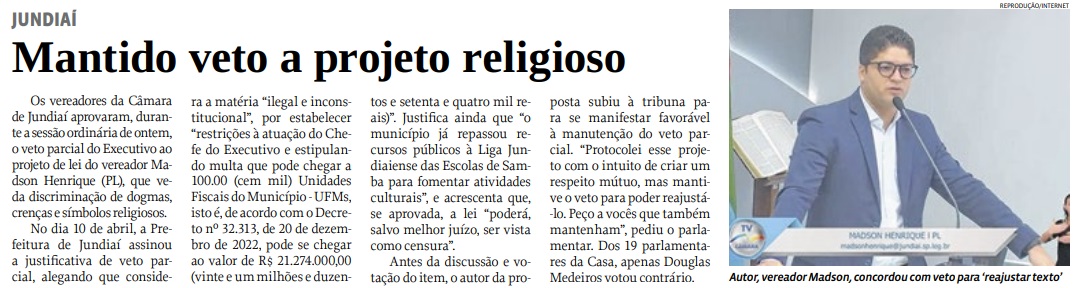 Mantido veto a projeto religioso