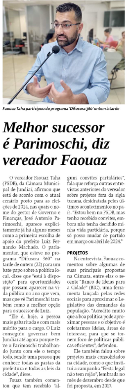 Melhor sucessor é Parimoschi, diz vereador Faouaz