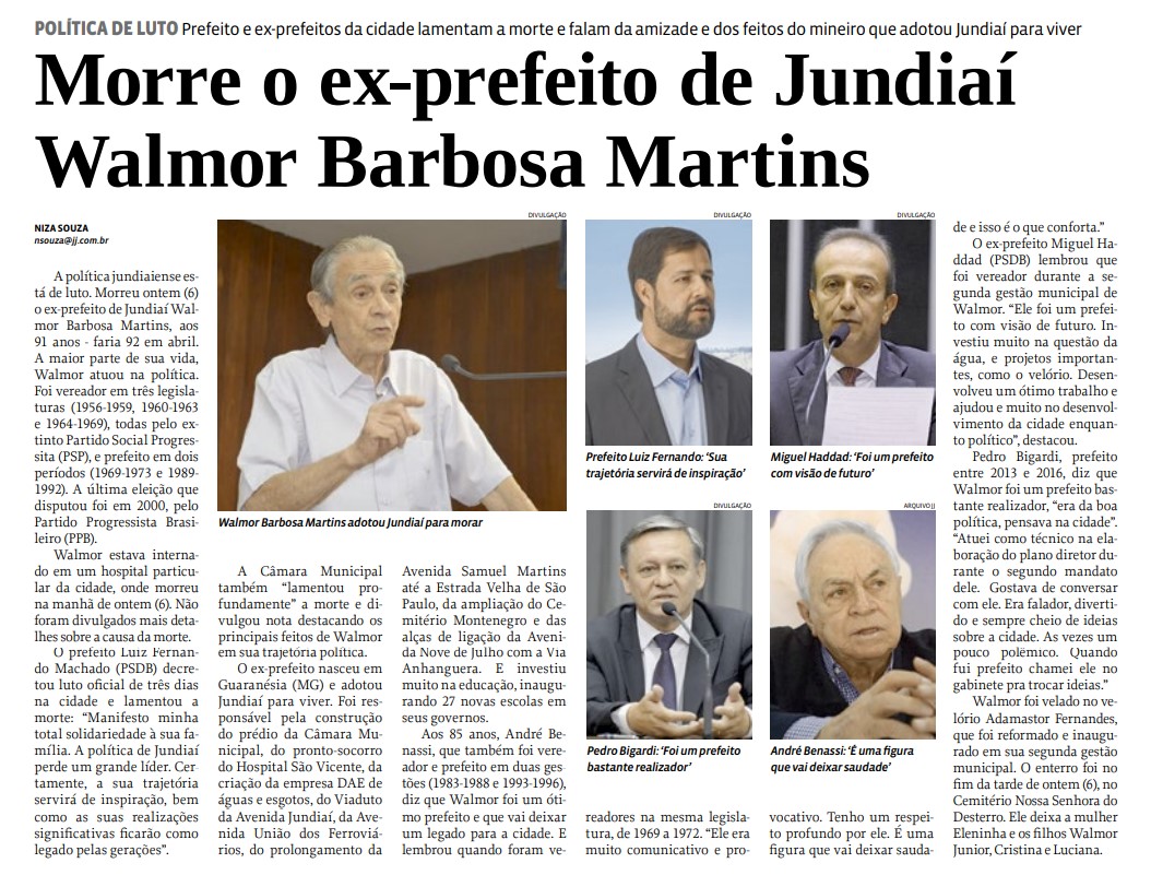 Morre o ex-prefeito de Jundiaí Walmor Barbosa Martins