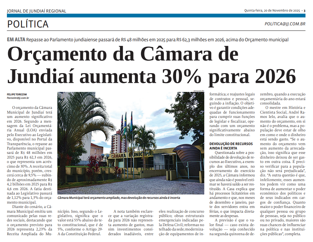 Orçamento da Câmara de Jundiaí aumenta 30% para 2026