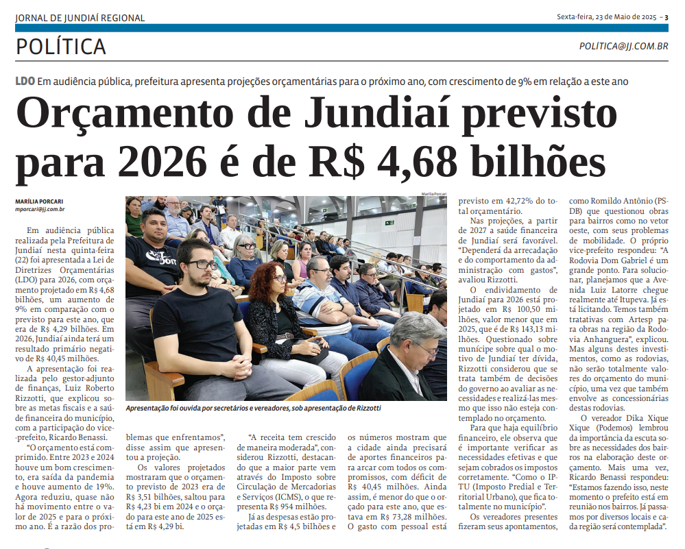 Orçamento de Jundiaí previsto para 2026 é de R$ 4,68 bilhões