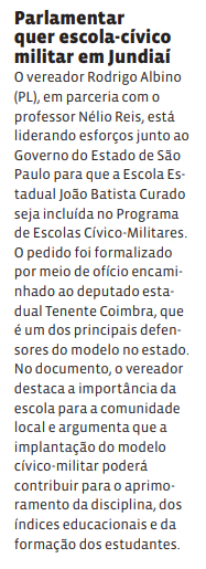 Parlamentar quer escola-cívico militar em Jundiaí