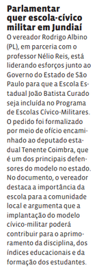 Parlamentar quer escola-cívico militar em Jundiaí