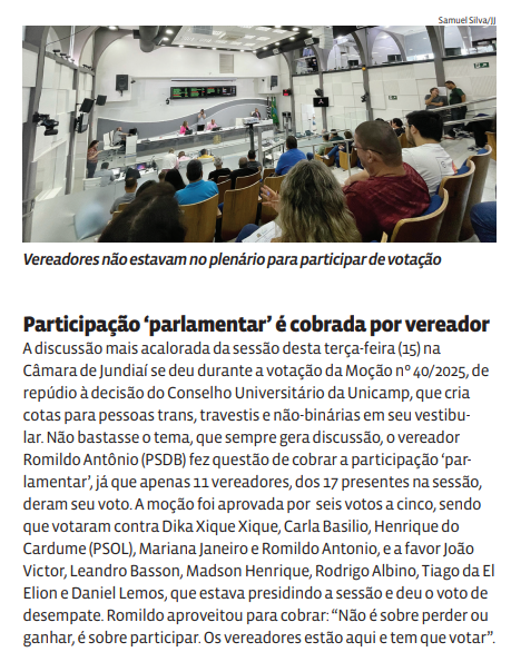 Participação ‘parlamentar’ é cobrada por vereador