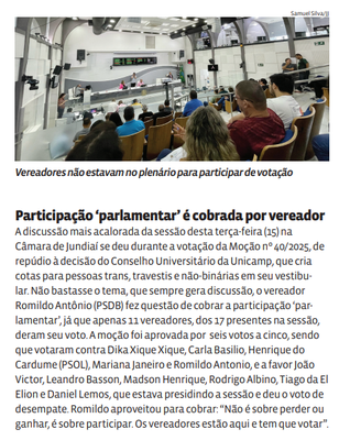 Participação ‘parlamentar’ é cobrada por vereador