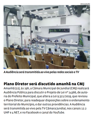 Plano Diretor será discutido amanhã na CMJ