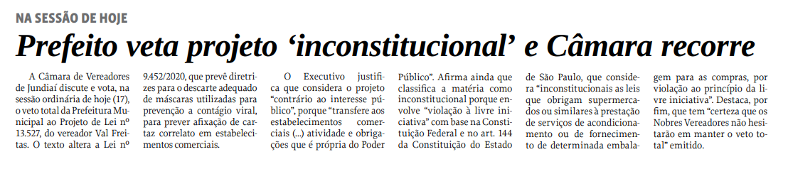 Prefeito veta projeto ‘inconstitucional’ e Câmara recorre