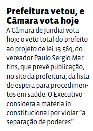 Prefeitura vetou, e Câmara vota hoje